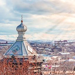 Panorama of the Gyumri city and view of the dome of the church